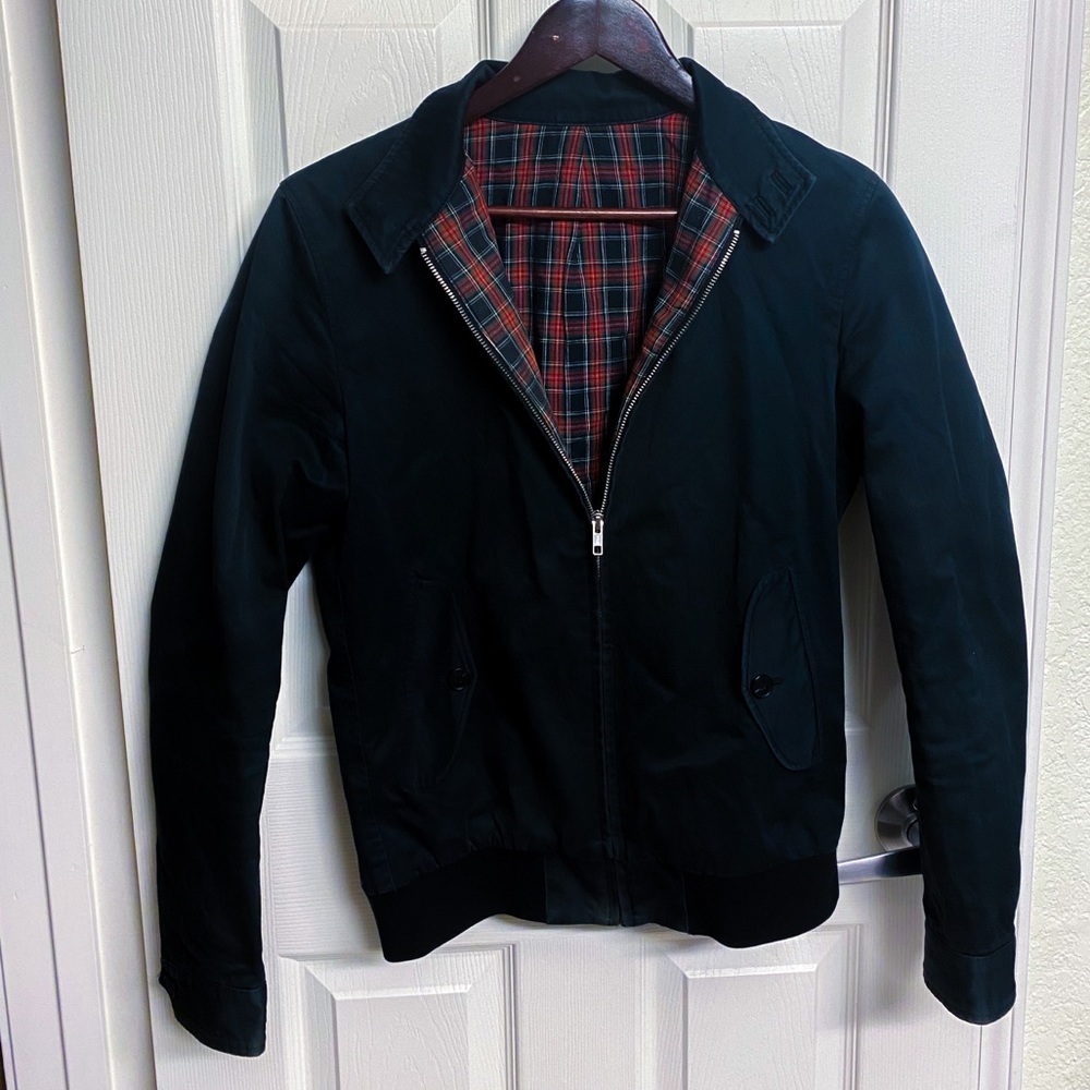 euc Sandro Paris bomber jacket w plaid interior
